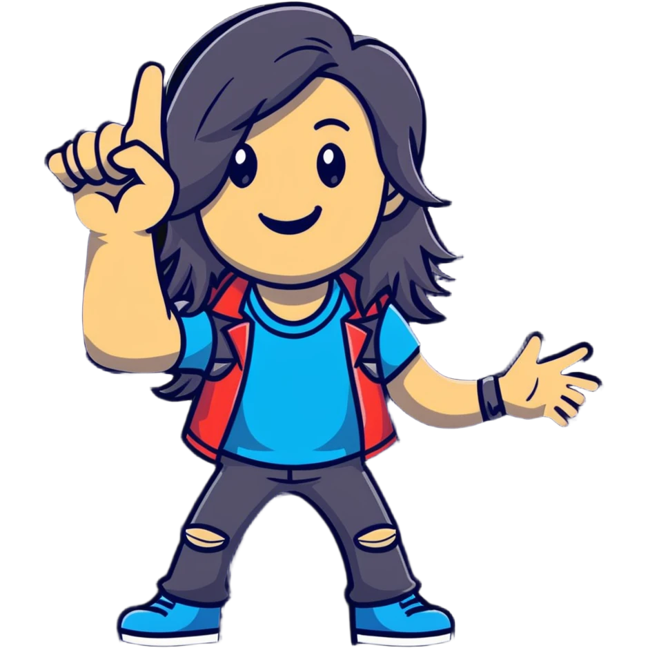 Rockstar musician with long hair, confident smile looking up, rock hand gesture, stage presence, edgy style emoji