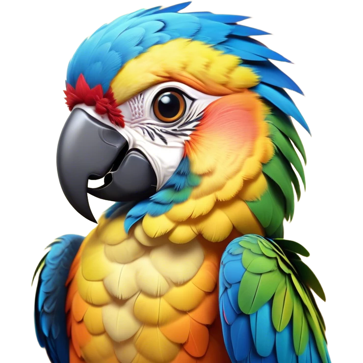 Cinematic Cute Macaw Portrait Emoji, Head tilted playfully and inquisitively, with a dazzling array of colorful plumage and round, sparkling eyes filled with charm, Simplified yet irresistibly adorable features, highly detailed, glowing with a warm, friendly tropical glow, high shine, affectionate and lively, stylized with a touch of whimsical vibrancy, bright and endearing, soft glowing outline, capturing the essence of a mischievous yet loving parrot that seems as if it could flutter out of the screen into your arms! emoji
