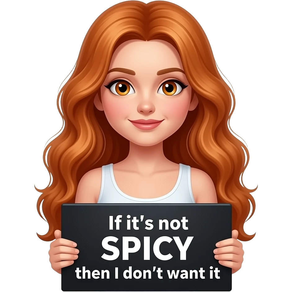 sexy girl with long wavy ginger hair and ginger eyes wearing a white tanktop is holding a black colored sign with If it's not SPICY then I don't want it written on it emoji
