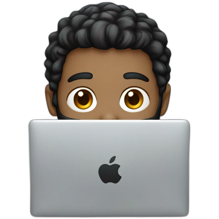 headshot of a black hair boy with black beard using a silver macbook emoji