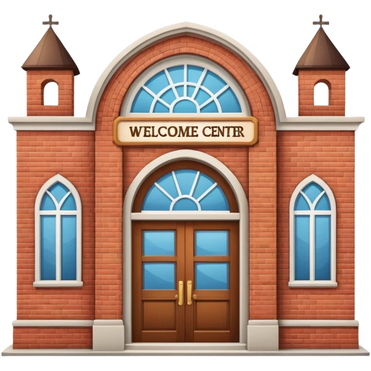 Community center building with a welcome sign emoji