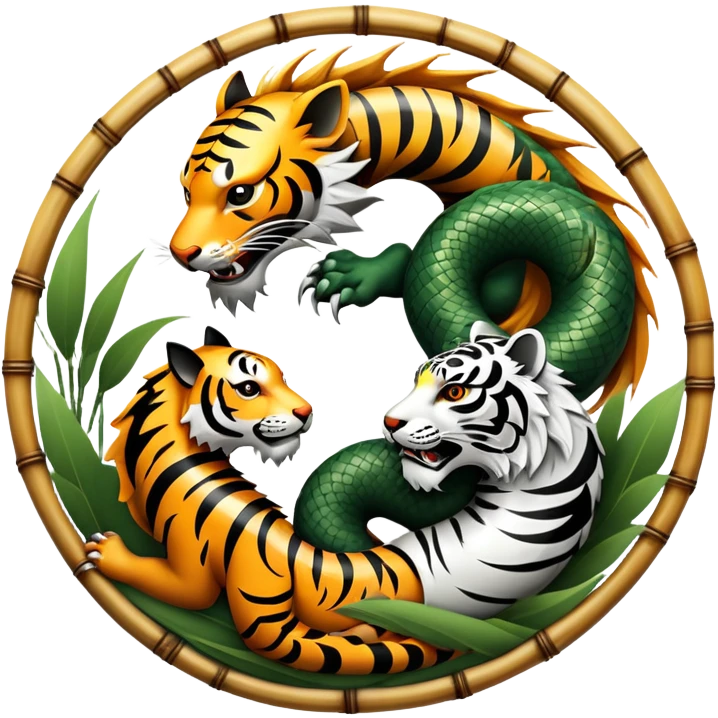 An icon symbolizing Eastern martial arts in the style of an emblem, featuring a black-and-white Yin-Yang symbol, a dragon, and a tiger. The dragon and tiger represent strength and agility, surrounding the symbol. Traditional elements like bamboo add to the design. Transparent background. emoji