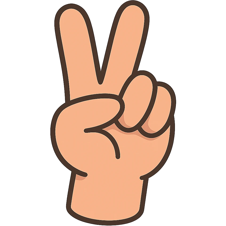 Edit the cartoon style hand in a peace sign gesture with both the index and middle fingers fully straight and separated, pinky finger fully straight and visible, remove the bent pinky, thumb clearly touching the ring finger, no white outline, keep transparent background, matching the original style and colors of the reference image. emoji