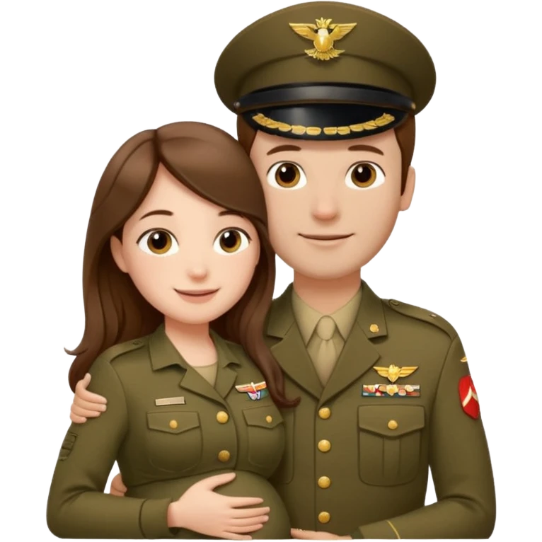 
"Pregnant woman with long brown hair and fair skin, and man with short brown hair and fair skin (without a mustache), wearing a brown military uniform, hugging and smiling."
 emoji
