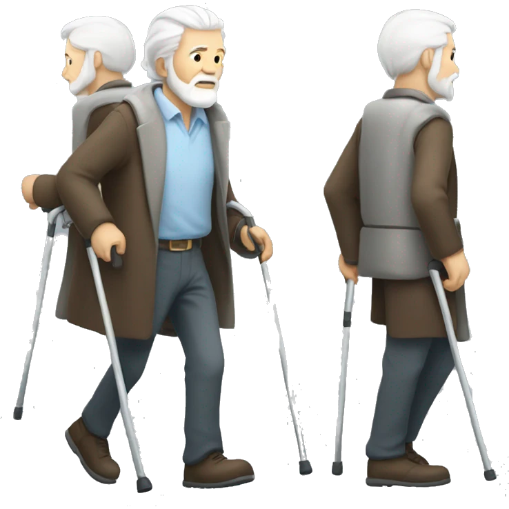 old man with white hair and long white beard walking with crutches emoji