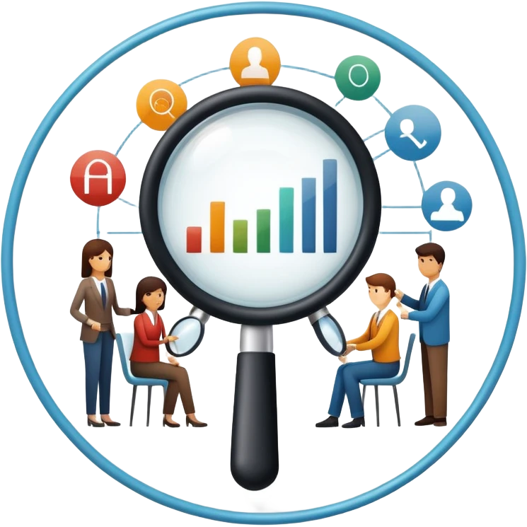 An icon featuring a group of diverse people, interconnected by lines, symbolizing sociology. The design includes a magnifying glass and a bar chart, representing the study of societies and social structures. Transparent background highlights the analysis of human behavior and social dynamics. emoji