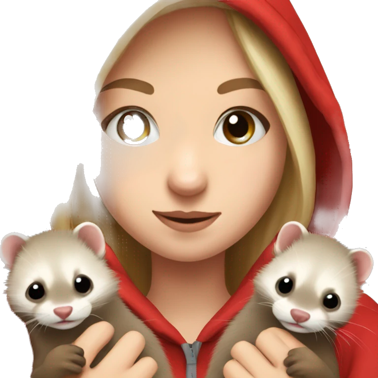 Ferret in hands of a blond girl with blue eyes and long eyelashes in red hoodie  emoji
