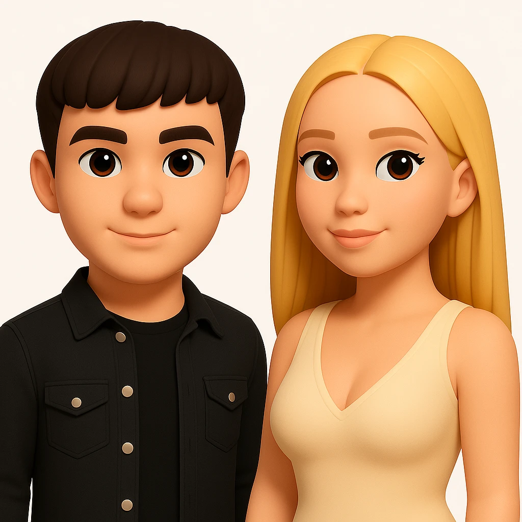 In the style of 3D Emoji, slightly increase the volume of the upper body of the girl, separate the girl and the boy from each other, and make the skin color the same for both characters. emoji