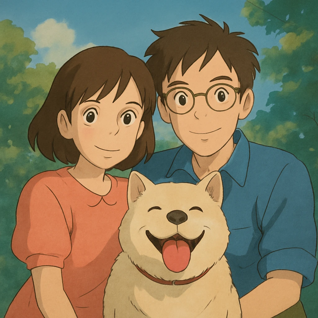 couple with pet posing for photo emoji