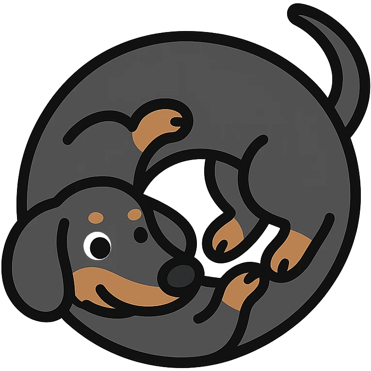 playful black dachshund twisted in her own body, minimal icon style emoji