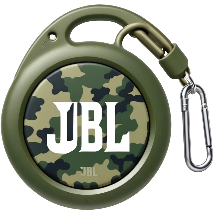 Minimalist JBL Clip 4 speaker with circular shape, carabiner clip, green camouflage pattern, and small JBL logo in the center, iOS emoji style emoji