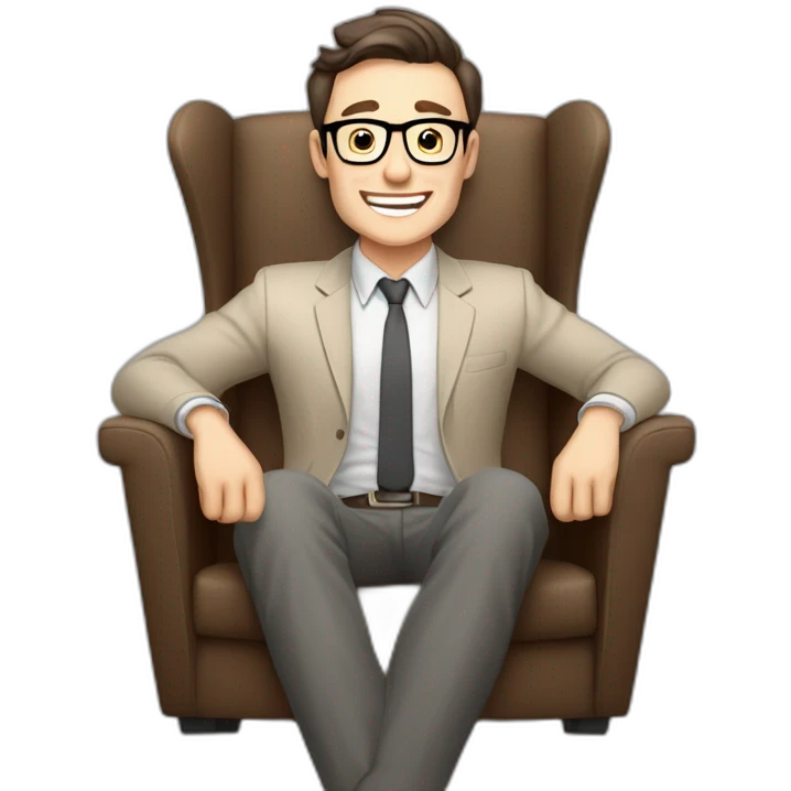 Joyful Celebrating victory Hands up Pale skinned Fit Man With dark brown hair in gray jacket, beige office shirt, Brown pants and vintage glasses sitting In a soft chair emoji