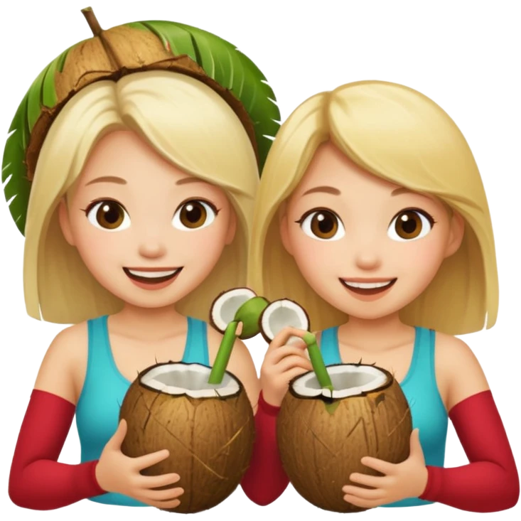Two girls drinking out of a coconut one Asian one blonde  emoji