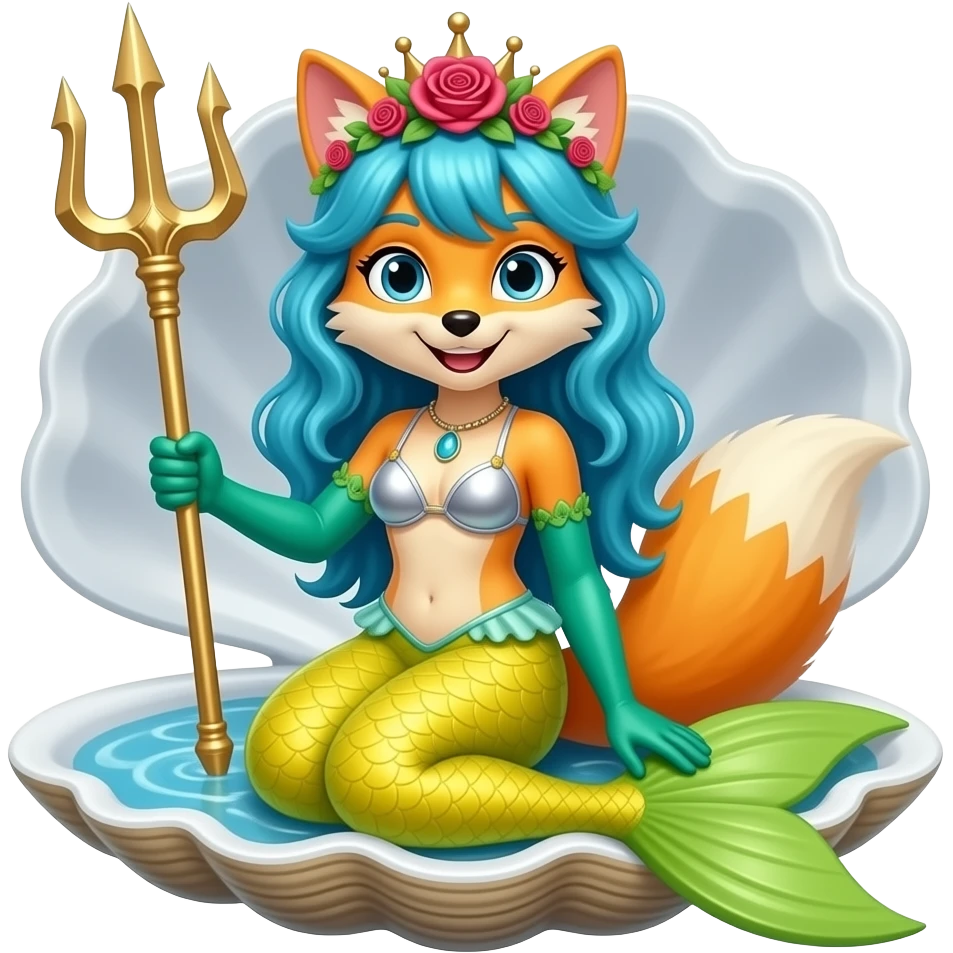 anthro fox  happy yellow mermaid tail  and long green gloves  blue hair rose crown sliver swimsuit sitting on an open toy clam holding a trident artistic creation, beautiful art cartoon style art kawaii style art clipart art emoji