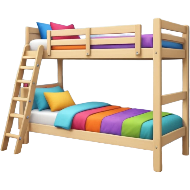 "Cozy bunk bed in a bright bedroom, wooden frame, colorful bedding, small ladder, soft natural light, realistic and detailed." emoji