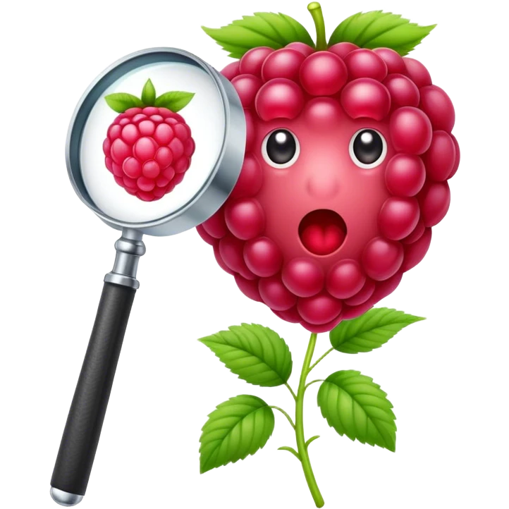 A raspberry R letter holds a magnifier emoji