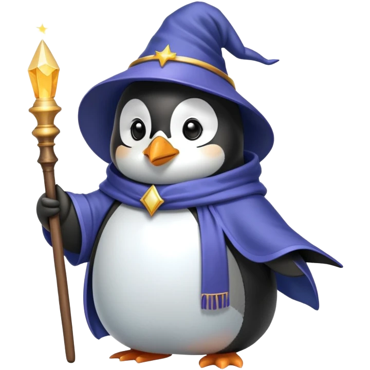 penguin wearing a wizard hat and robe holding a magic wand emoji