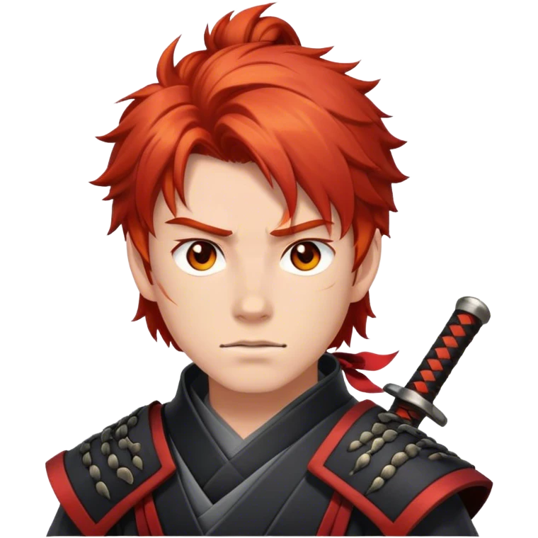 Teenager male, shaggy red hair, grey eyes, fire element, samurai emoji