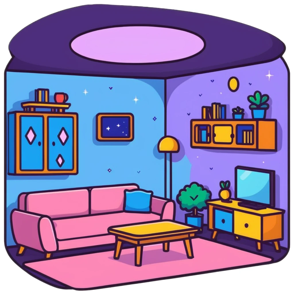 cozy room with furniture and magical sparkles floating above the furniture emoji