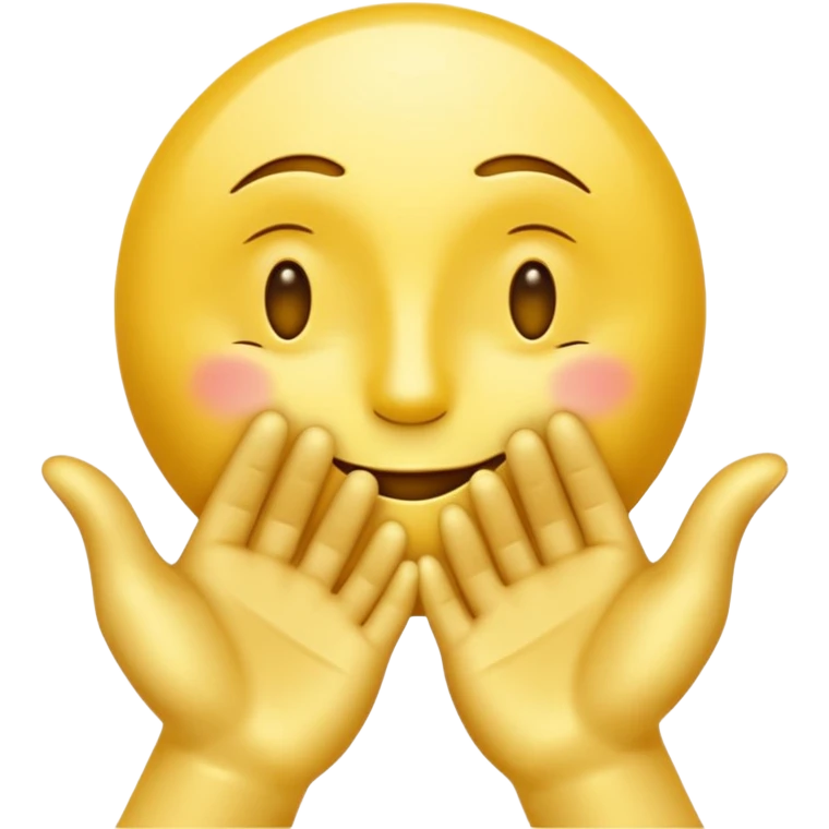 yellow emoji smiley face, eyes half-closed in satisfaction, gently kissing its own golden glowing hands, hands radiate light symbolizing craftsmanship and talent, bold lines, smooth shading, high-contrast, minimal details, transparent background, emoji style emoji