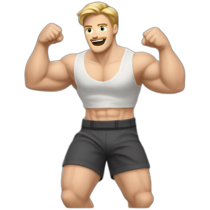 To belt Actively gesturing with hands Pale skinned Fit Man With the biceps and light brown hair in dark gray Sleeveless Mike, black oversize sports shorts and white Sneakers emoji