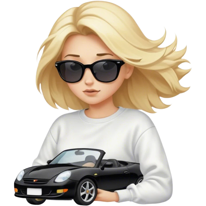 A cinematic realistic blonde in sunglasses, wearing a white sweatshirt, is driving a black car, her hair is slightly blowing in the wind. emoji