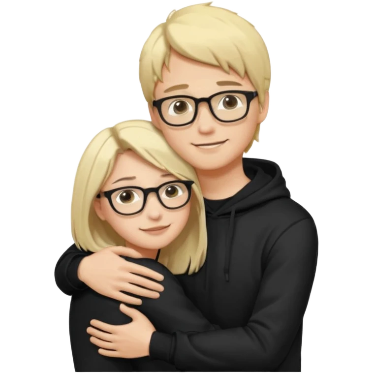 Joven de pelo rubio corto y piel blanca con lentes con poleron negedro abrazando por detrás a una joven de pelo negro largo con partidura al medio, de piel morena con sus manos en los brazos del joven aceptand su abrazoemoji emoji