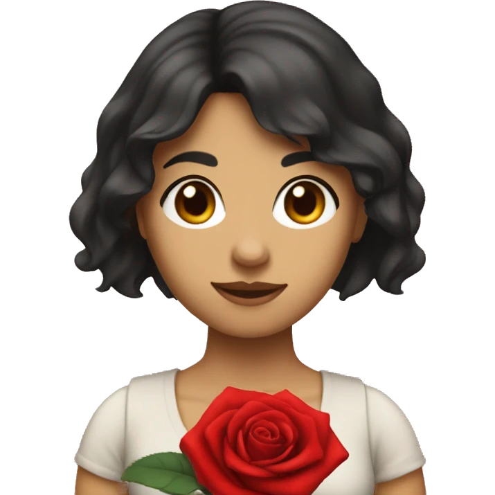 A women named rose, with dark hair bangs and holding a red red rose in one hand emoji