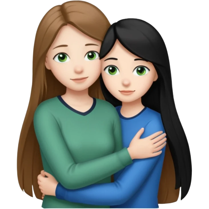 una ragazza dall‘ età di 19 anni con capelli castani chiaro lunghi e lisci ,  occhi celesti,  e una ragazza di 17 anni capelli neri occhi verdi che si abbracciano   emoji