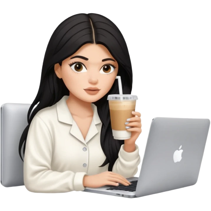 Kylie Jenner with her sexy face and long hair, make it 1 tone lighter. She's learning on macbook watching the screen, she wears a white Skims pajama and she's drinking 1 tasty iced latte with a straw emoji