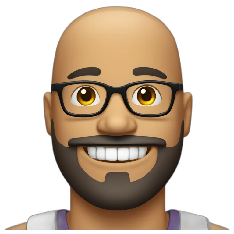 bald man with full goatee black glasses and thick eyebrows with a big smile and nice teeth emoji