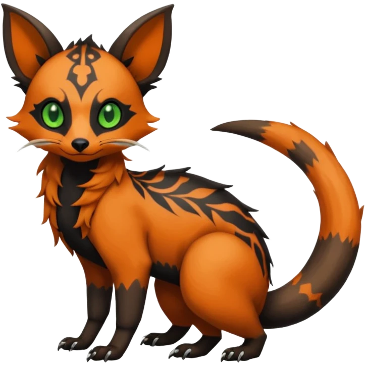 Rare warm-colored exotic cute epic aesthetic gothic colorful Salandit-Eevee-Civet-species-Fakemon-hybrid-creature, with intricate tattoo markings, full body emoji