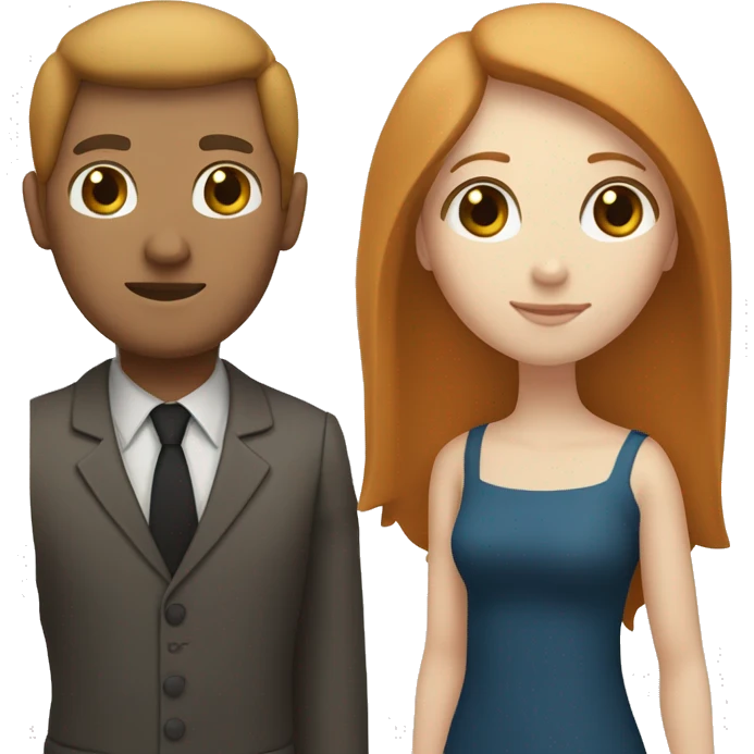 a married couple standing beside eachother, one has pale skin and long straight ginger hair with bangs and blue eyes, the other person is a man that is mexican and has tan skin and straight chin length black hair with brown eyes emoji
