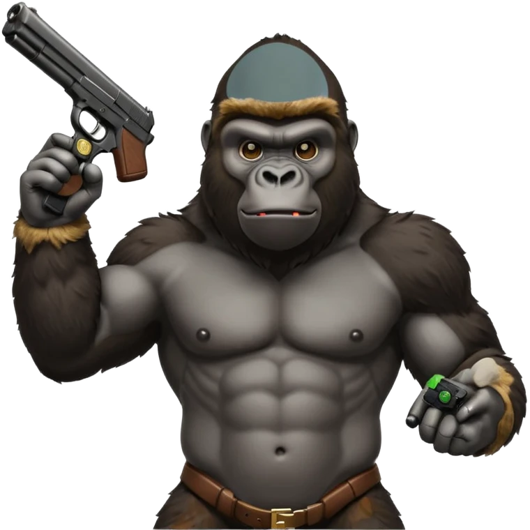 A gorilla holding a gun in the air with a Xbox controller  emoji