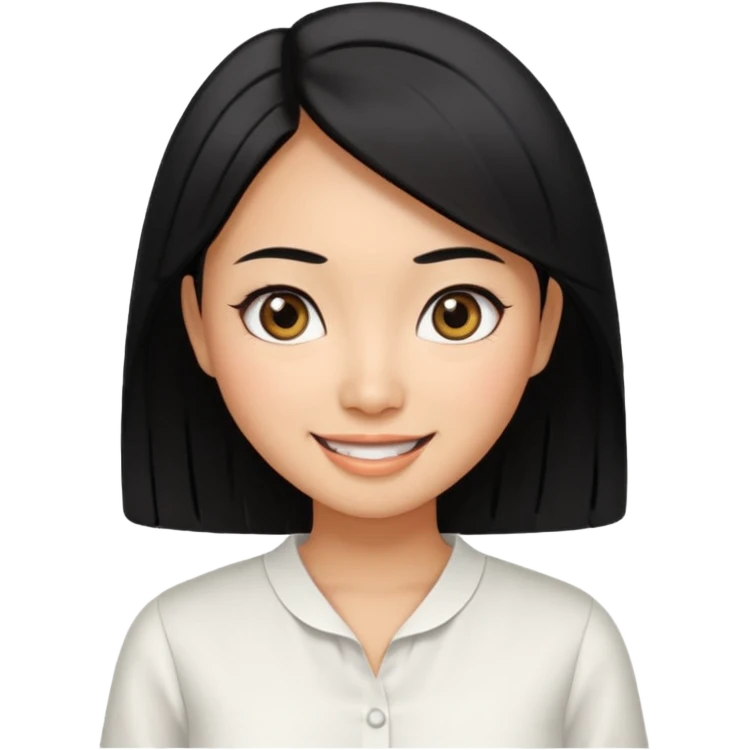 30 yr old asian woman center parted hair big eyes big smile tanned skin straight black hair hippie part hair white blouse emoji