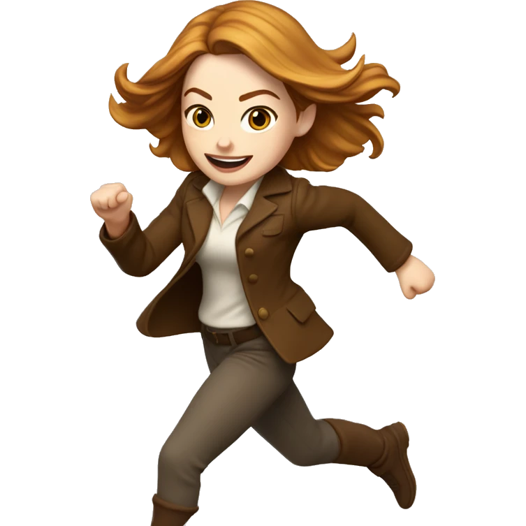 Emma Stone running, with a large stride and arms outstretched, with long golden brown hair, wearing an Christmas outfit emoji
