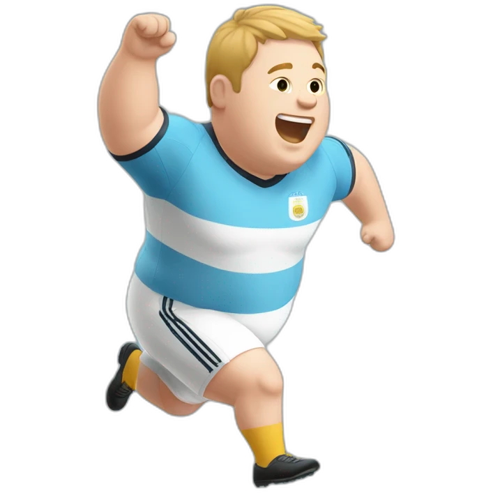 Short hair, obese white man jumping. argentina team uniform. Hands up emoji