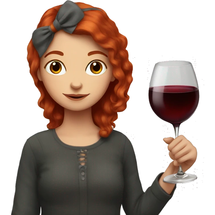 Portrait of a red-haired girl who drinks red wine with cat emoji