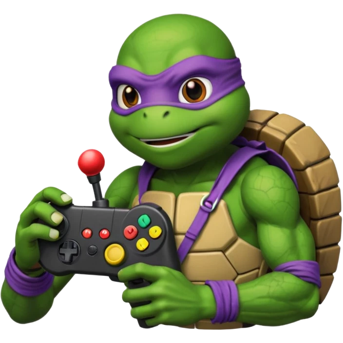 Donatello from Teenage Mutant Ninja Turtles, emoji style, playing a video game with a joystick emoji