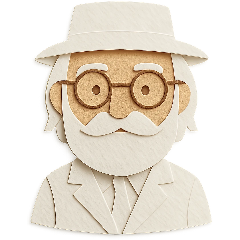 old man with a white hat, slightly long white beard, white moustache, round glasses, white suit, white longish hair, paper craft style emoji