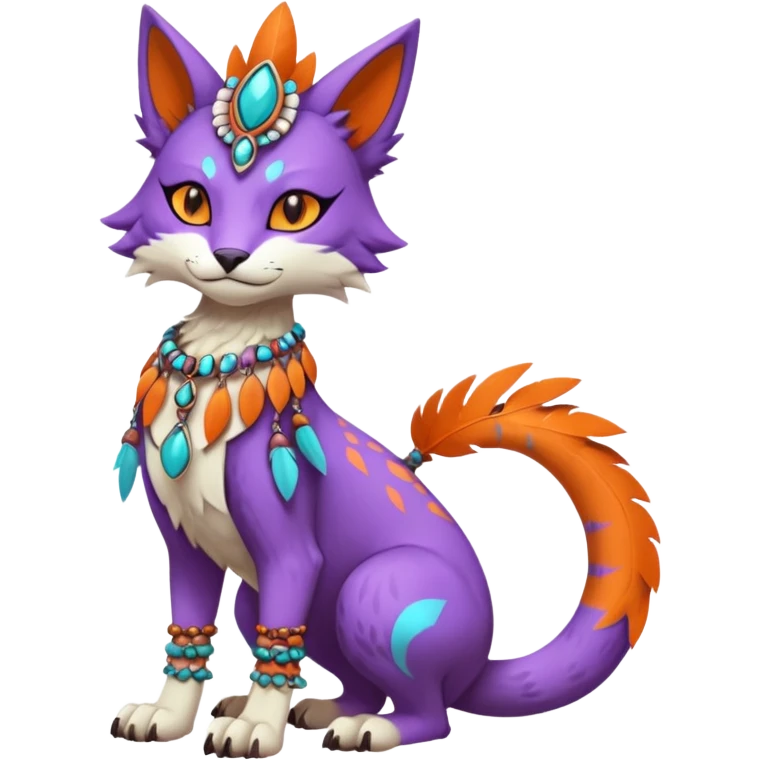 Kawaii cute orange purple turquoise exotic tribal beautiful pretty elegant divine edgy feline-vernid-sergal-Fakémon-Pokémon-Digimon-fursona-animal-creature with bracelet, necklace, full body, with intricate detailed markings, feather headdress  emoji
