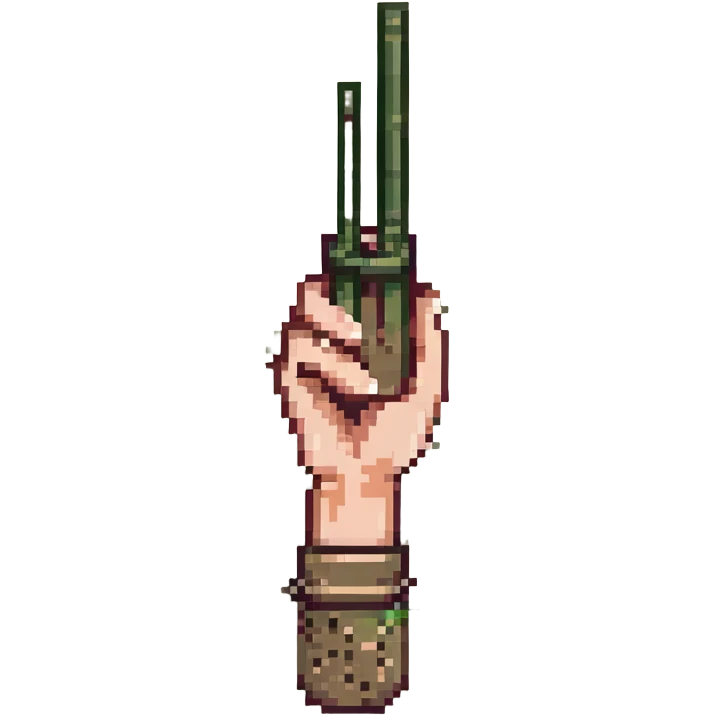 olive colored hand holding chopsticks, pixel art style emoji