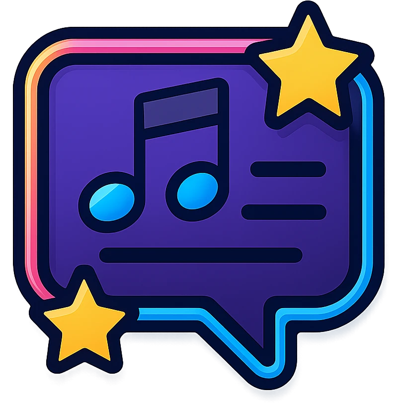 lyrics icon with dark purple, blue, and black base, bright accents, complex gradients, stars, bright neon border, modern recognizable abstract lyrics symbol, glow and lighting effects, sophisticated futuristic icon style emoji