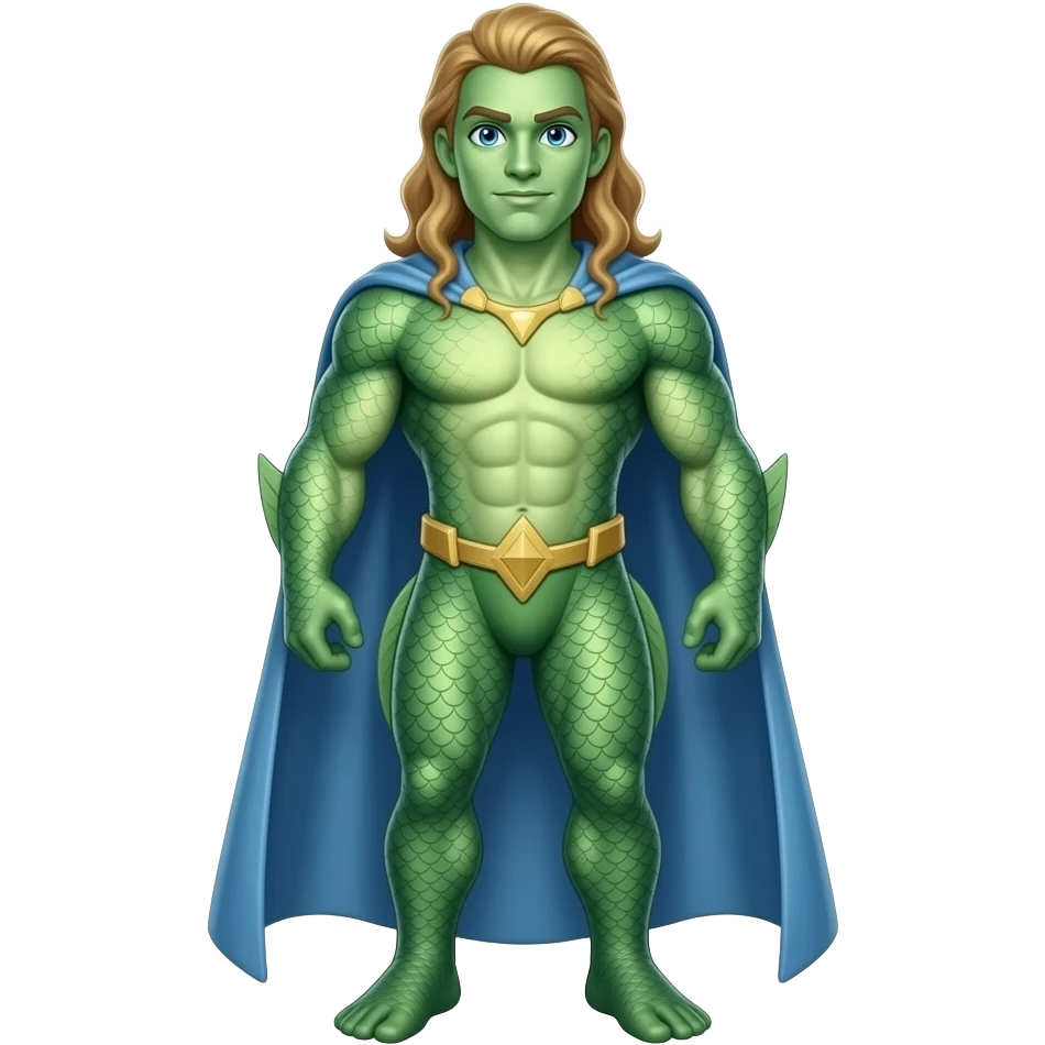 Superhero sea king all fish skin green golden brown hair very tall with gills blue eyes full body emoji