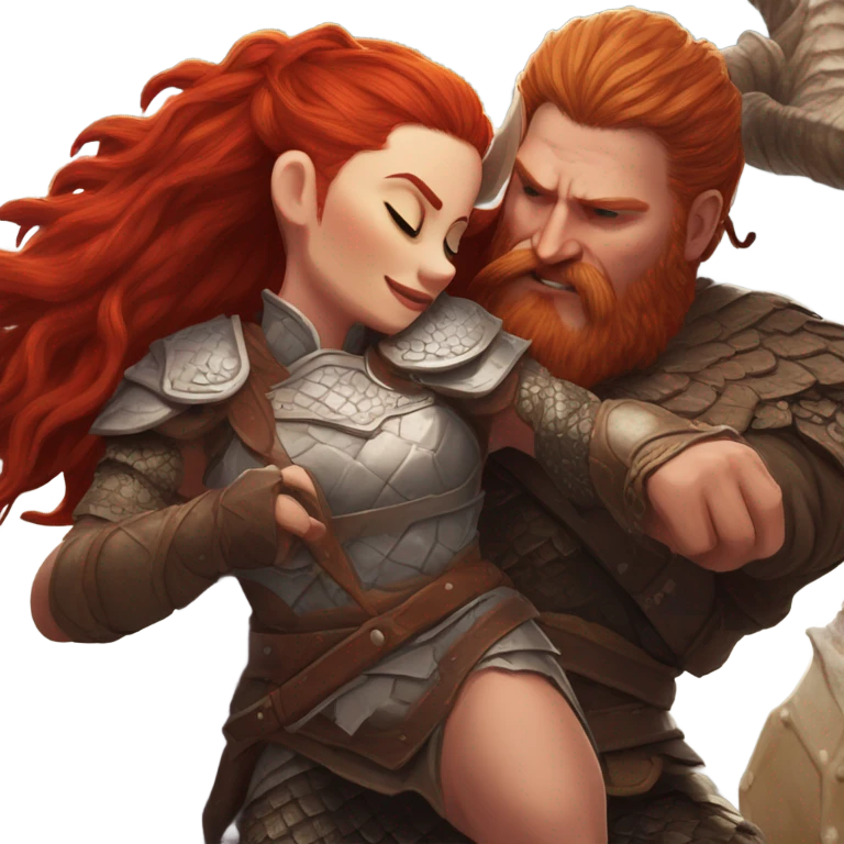 Viking red head beautiful  dragon  queen with a killed Viking solder with a man bun laying down on a dragon  emoji