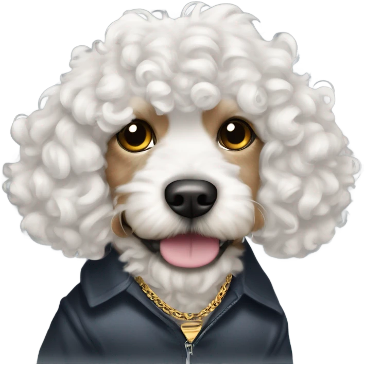 A white curly haired dog / cavapoo wearing mob boss/pimp clothing  emoji