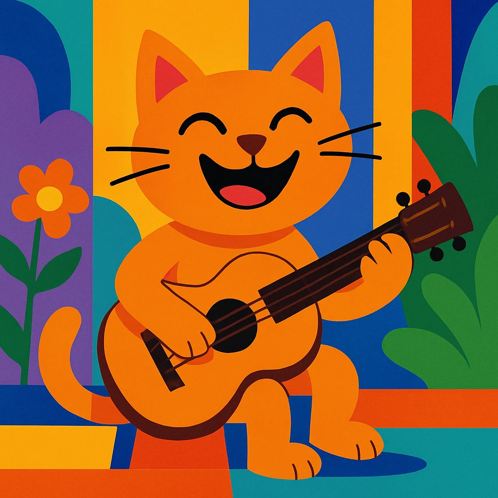 a cat playing a guitar, joyful, colorful illustration emoji