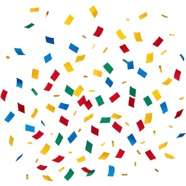 Colorful confetti pieces floating in the air, scattered randomly with a sense of motion. The confetti includes small paper strips and round shapes in vibrant colors like red, blue, yellow, and green. Soft shadows and subtle transparency give a light and festive feel. Flat, modern illustration, clean and minimal, white background. emoji