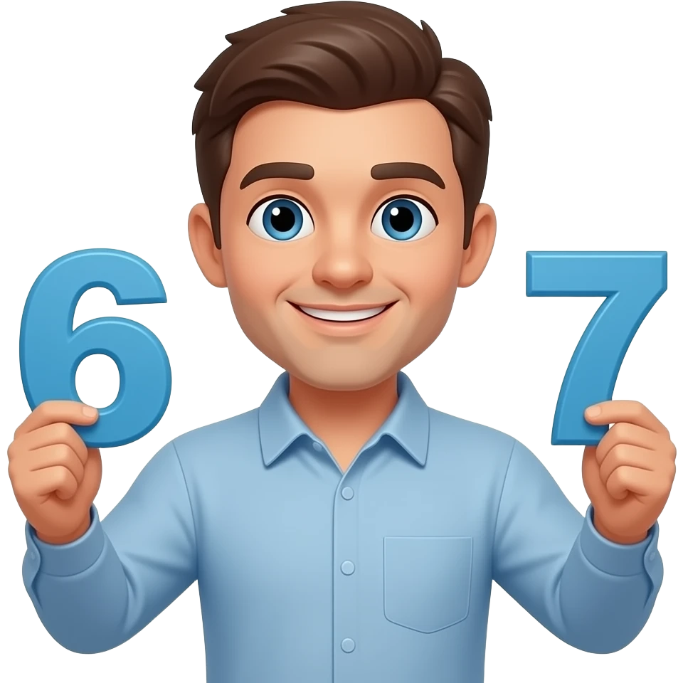 A man left hand holding the number 6 and the right hand holding the number 7 emoji