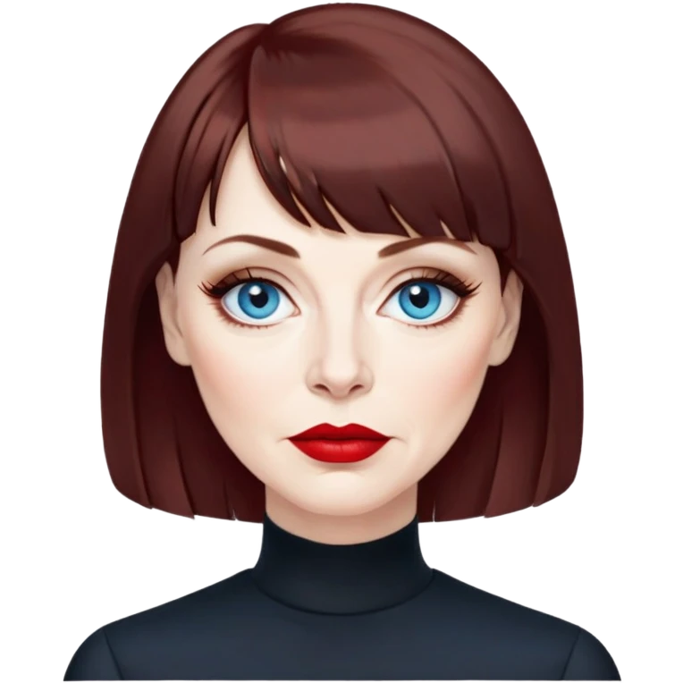 Artistic woman in her late 50s with pale skin, wider face, visible age lines around eyes and mouth, blue eyes with eyeliner, thin eyebrows, red lipstick, dark auburn hair with bangs styled more conservatively, wearing a black top emoji